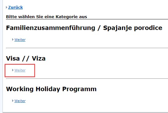 Screenshot stranice Njemačke ambasade o odabiru kategorije