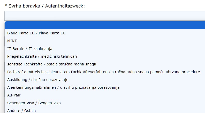 Screenshot stranice Njemačke ambasade o odabiru svrhe boravka