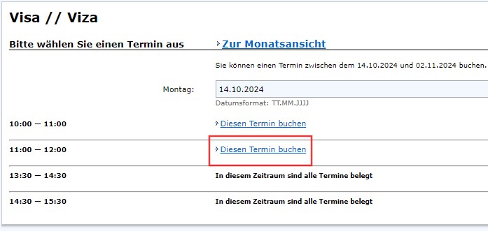 Screenshot stranice Njemačke ambasade o bukiranju termina