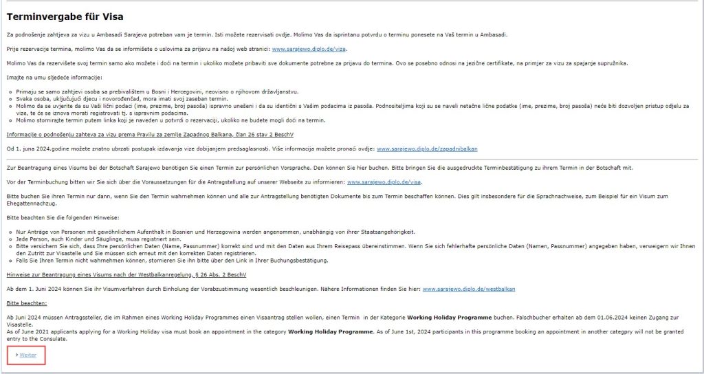 Screenshot stranice Njemačke ambasade o terminu za vizu